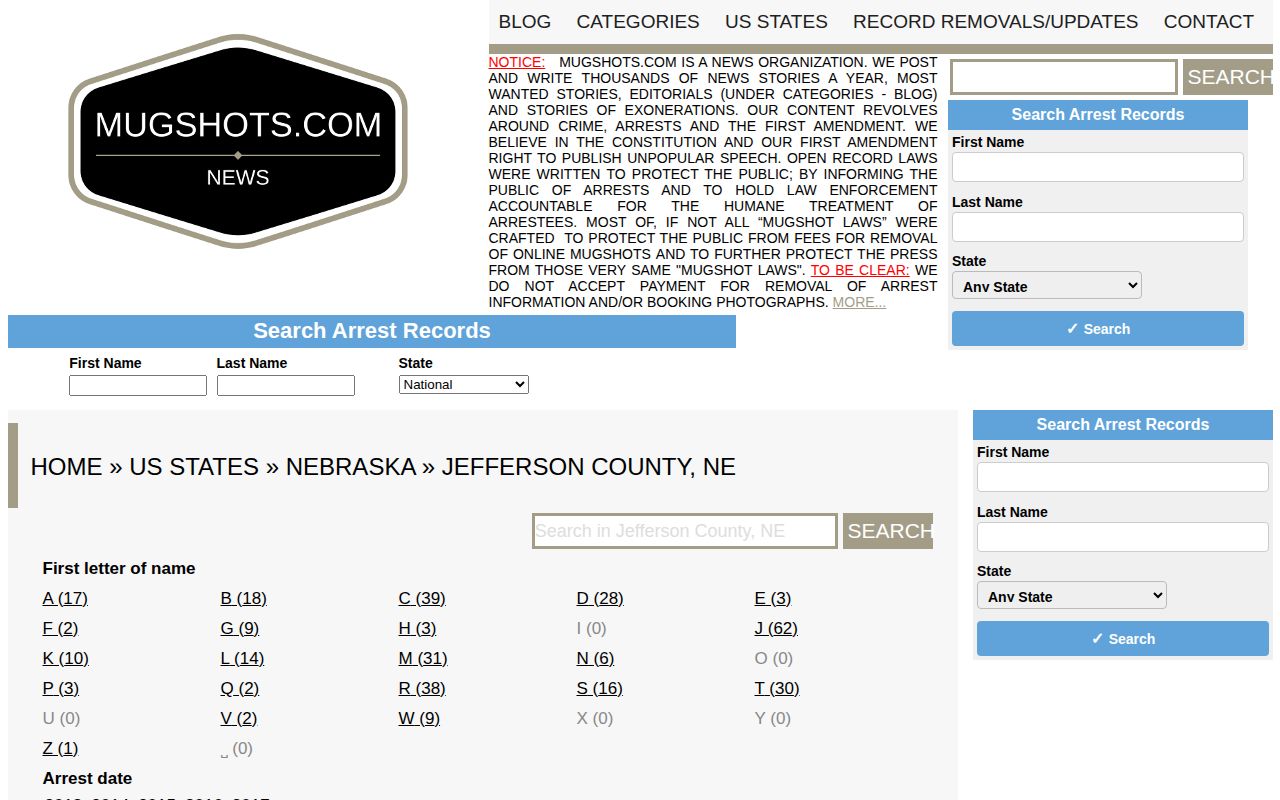 Unofficial Mugshots.com Jefferson County historical index page